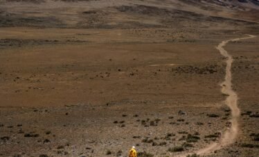 Lone hiker traversing the vast landscape of Mount Kilimanjaro under a clear sky.