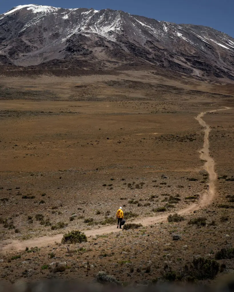 Lone hiker traversing the vast landscape of Mount Kilimanjaro under a clear sky.