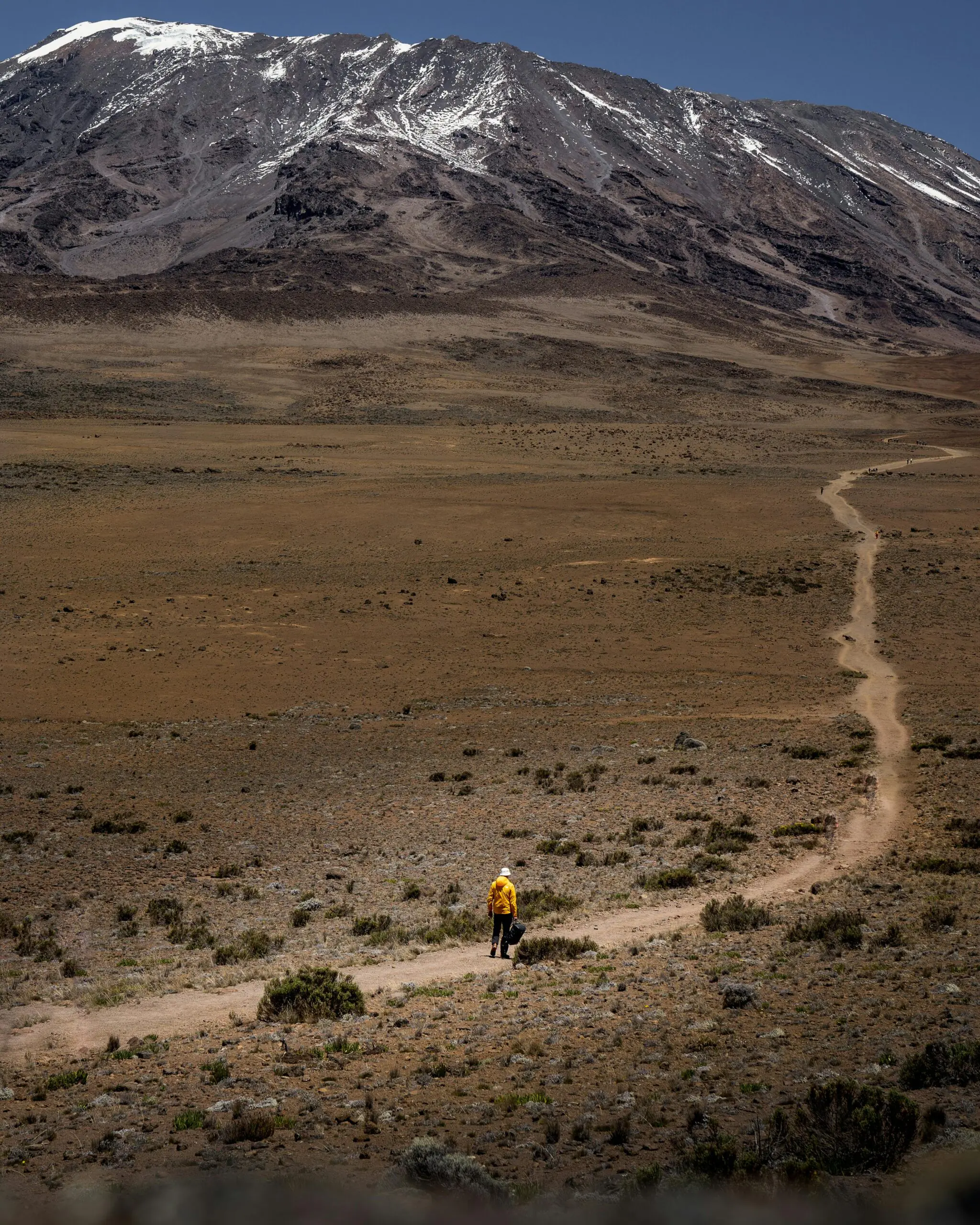 Lone hiker traversing the vast landscape of Mount Kilimanjaro under a clear sky.